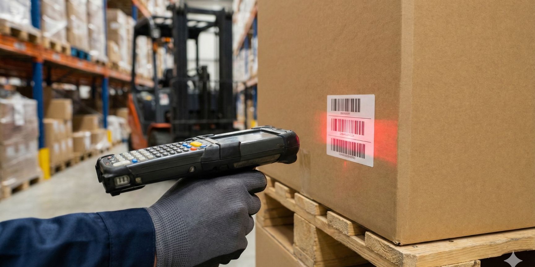 Close-up of a warehouse employee's hand with a compact ring scanner on his finger as he picks an item from a small parts shelf. The scanner shows a green LED as a read confirmation